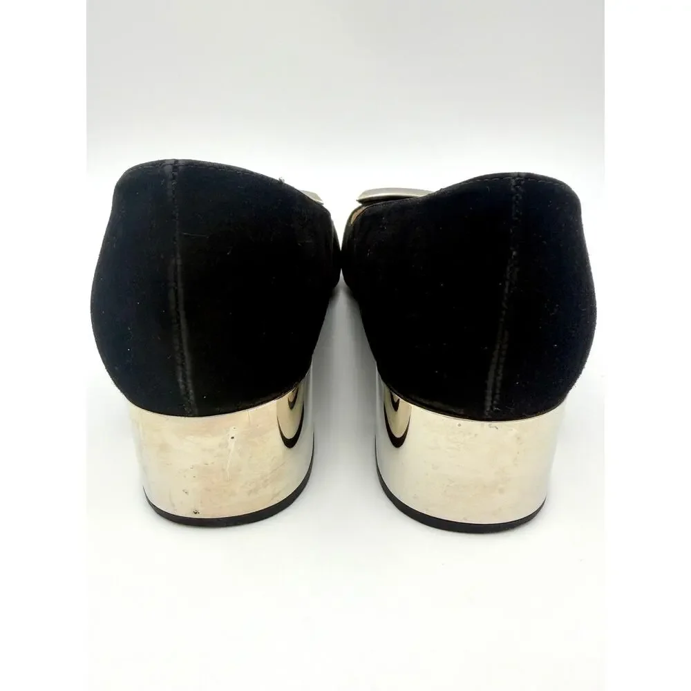 Prada Square Toe Pumps Black Suede Size 39.5 / 9.5 Metal Buckle Logo